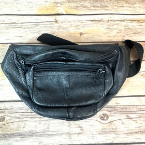 Vintage 80s 90s Black Leather Unisex Fannypack Waist Bag Belt Bag